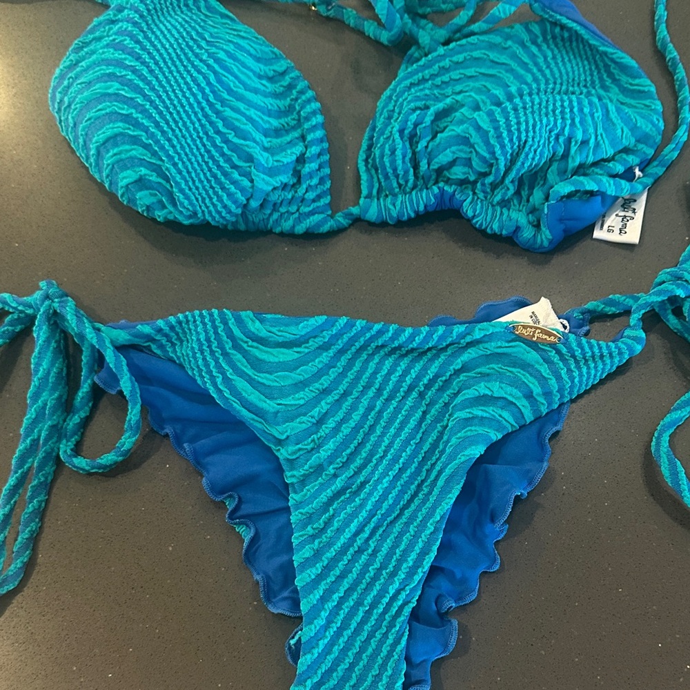 Luli Fama Turquoise Textured Tie-Side Ruched Bikini
